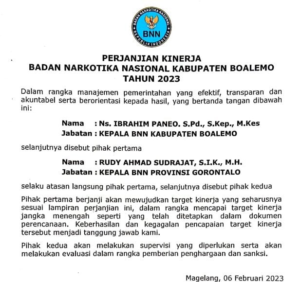 PERJANJIAN KINERJA (PK) BNNK BOALEMO TAHUN 2023 PERJANJIAN KINERJA (PK) BNNK BOALEMO TAHUN 2023