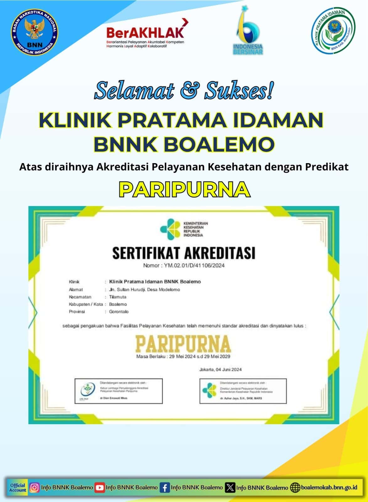 Klinik Pratama Idaman BNNK Boalemo Raih Sertifikasi Akreditasi Paripurna